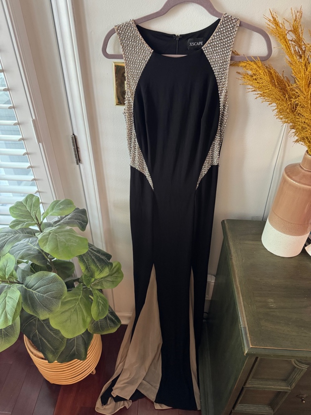 Xscape Black Gown with Champagne Insets and Rhinestone Trim